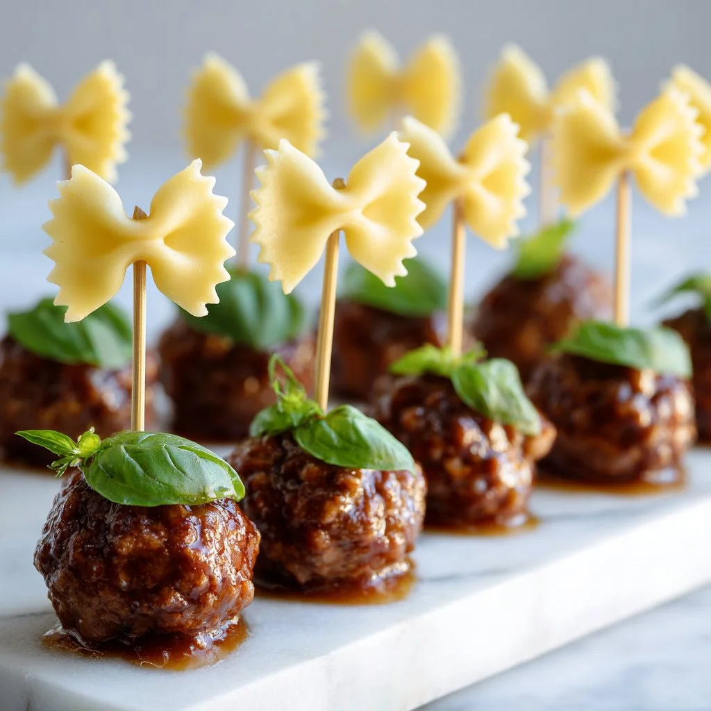 Bowtie pasta with cocktail meatball skewers on a serving platter