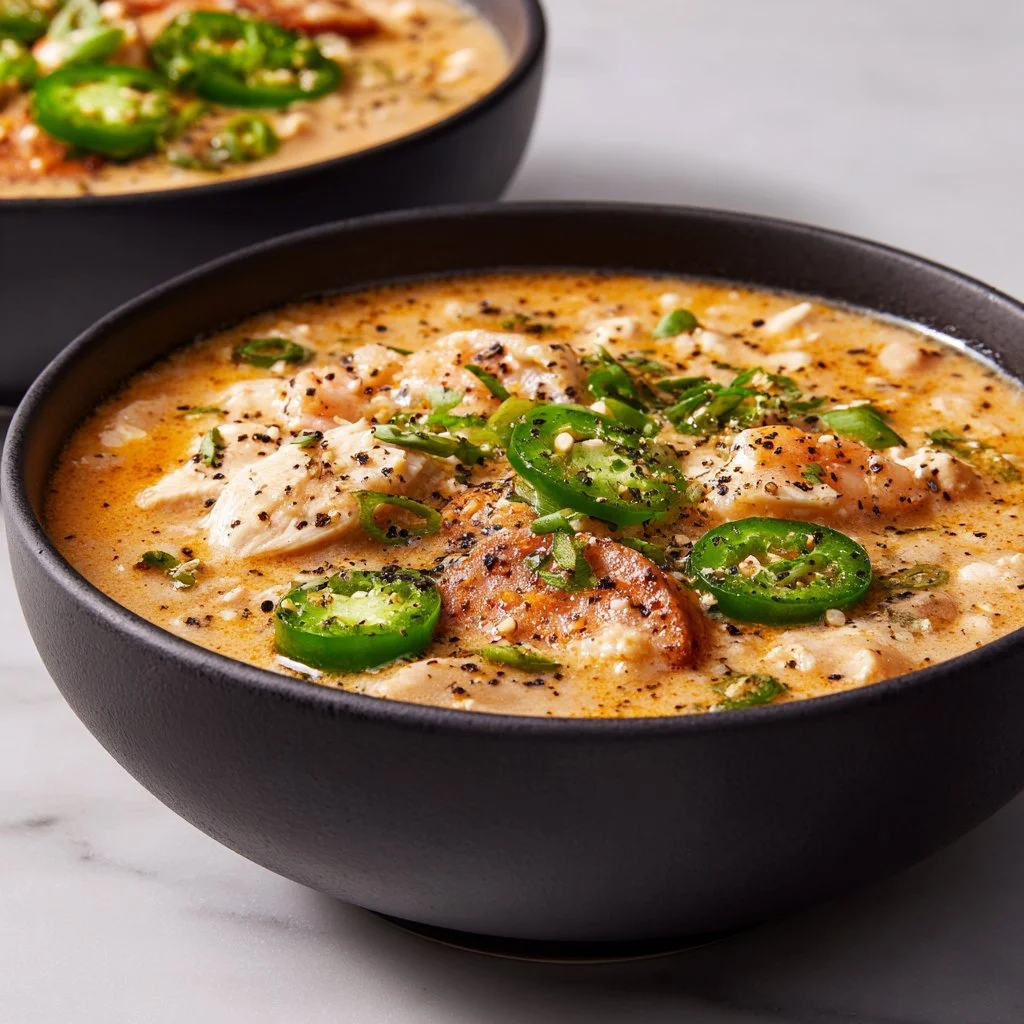 Cajun White Chicken Chili served in a bowl with toppings