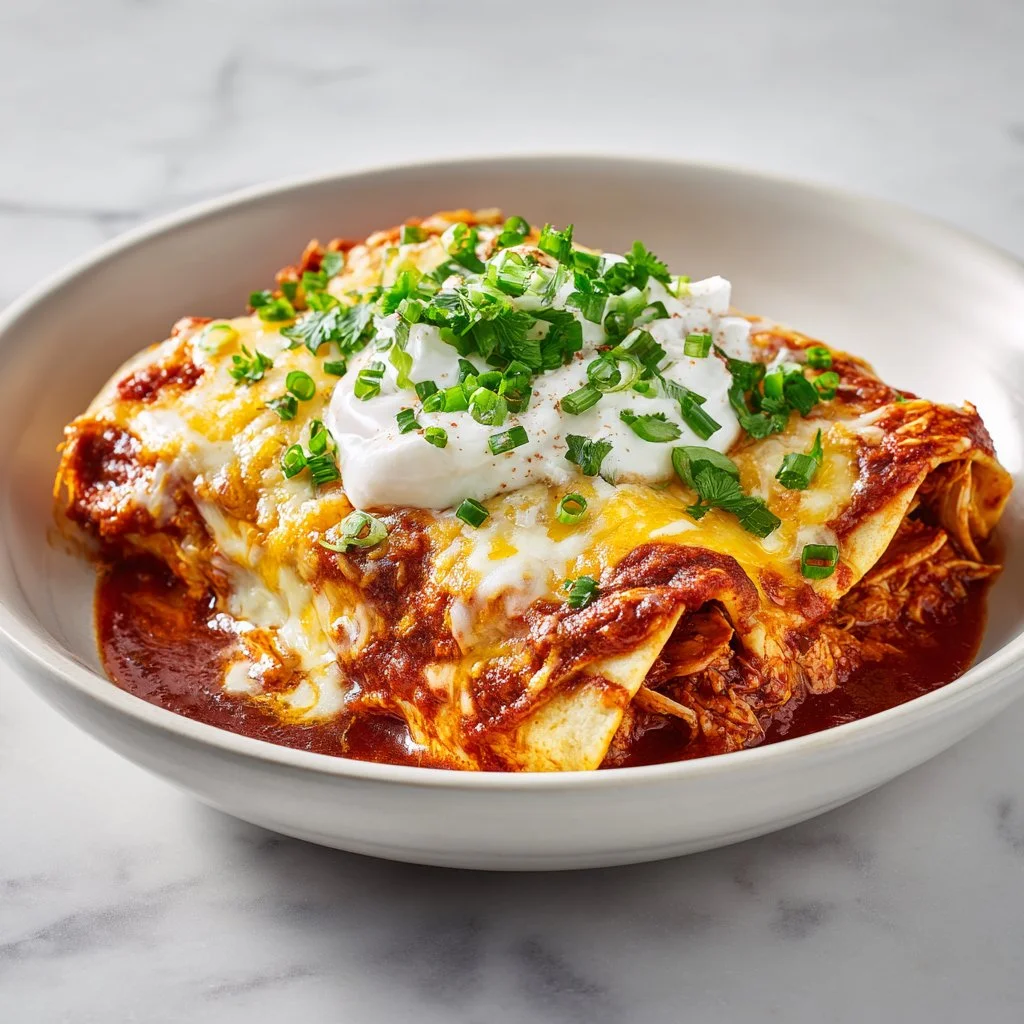Cheesy Chicken Enchilada Casserole topped with cheese and jalapenos