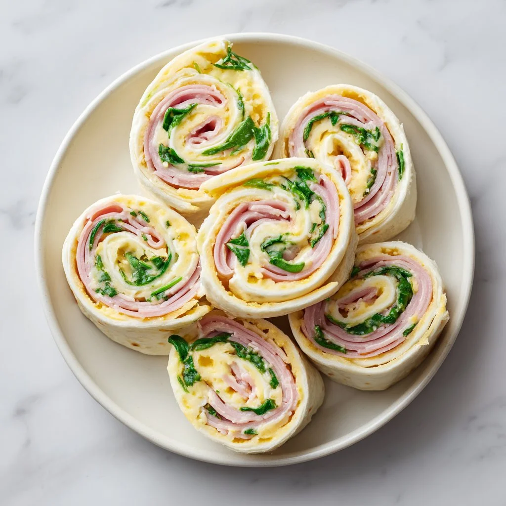 Delicious cheesy ham roll-ups ready to be served as a quick snack or appetizer.