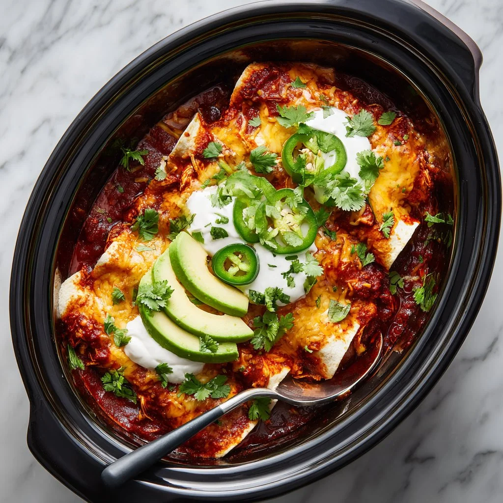 Cheesy slow cooker chicken enchiladas topped with melted cheese