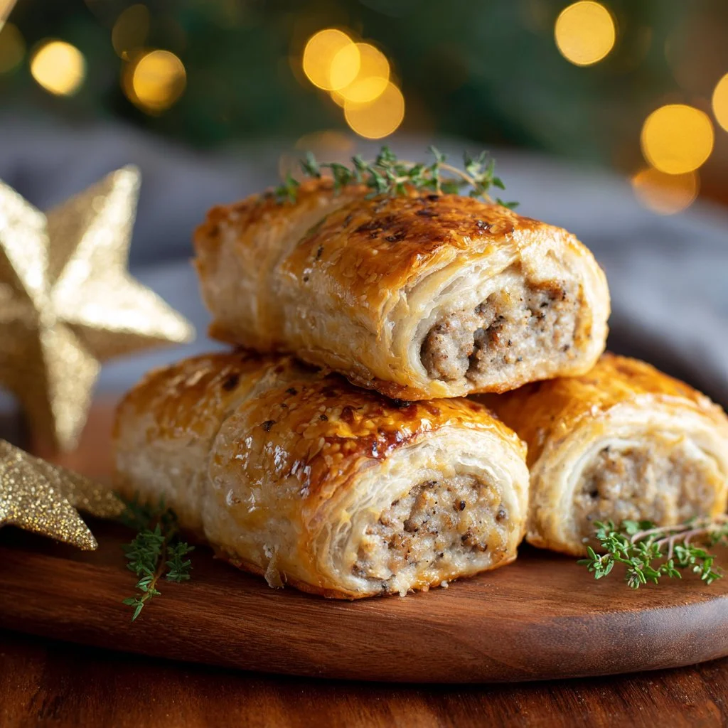 Golden-brown Christmas sausage rolls baked to perfection