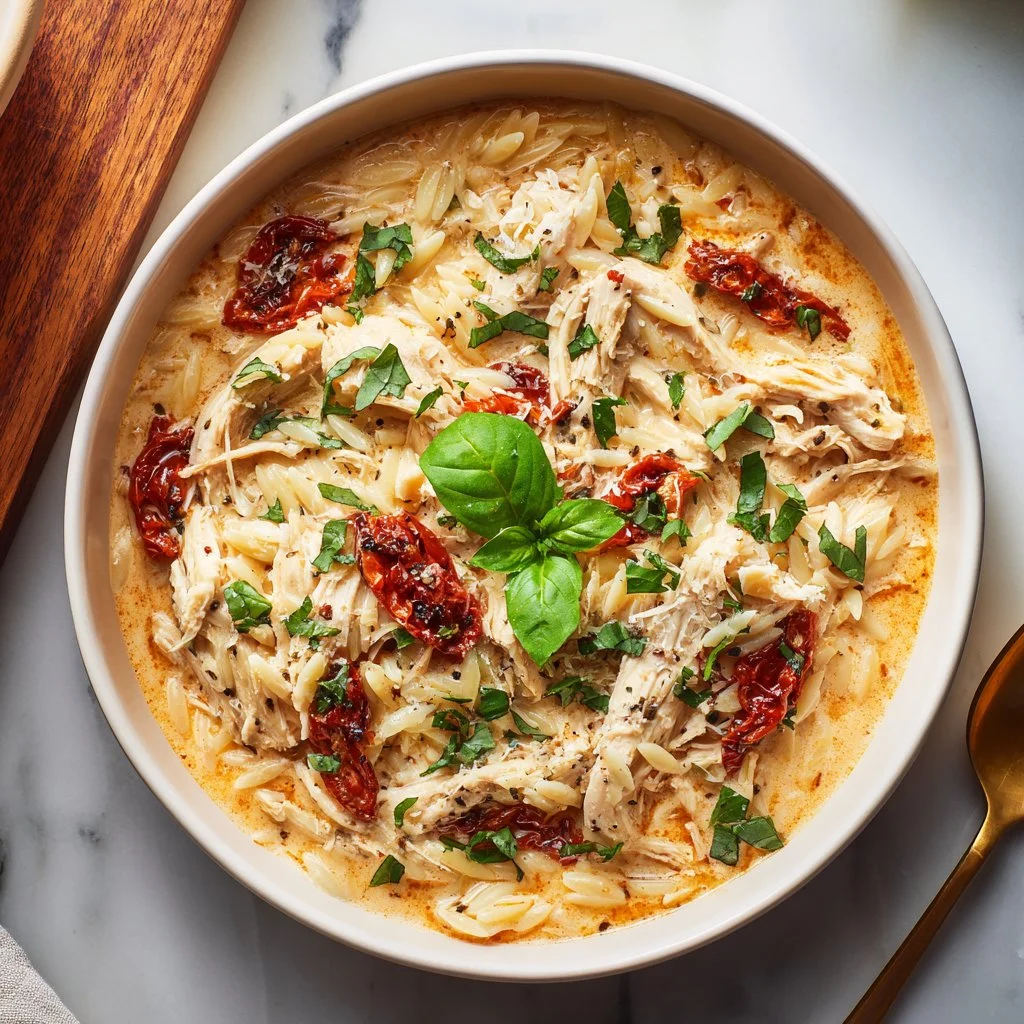 Classic Crockpot Tuscan Chicken Orzo in a bowl with fresh herbs