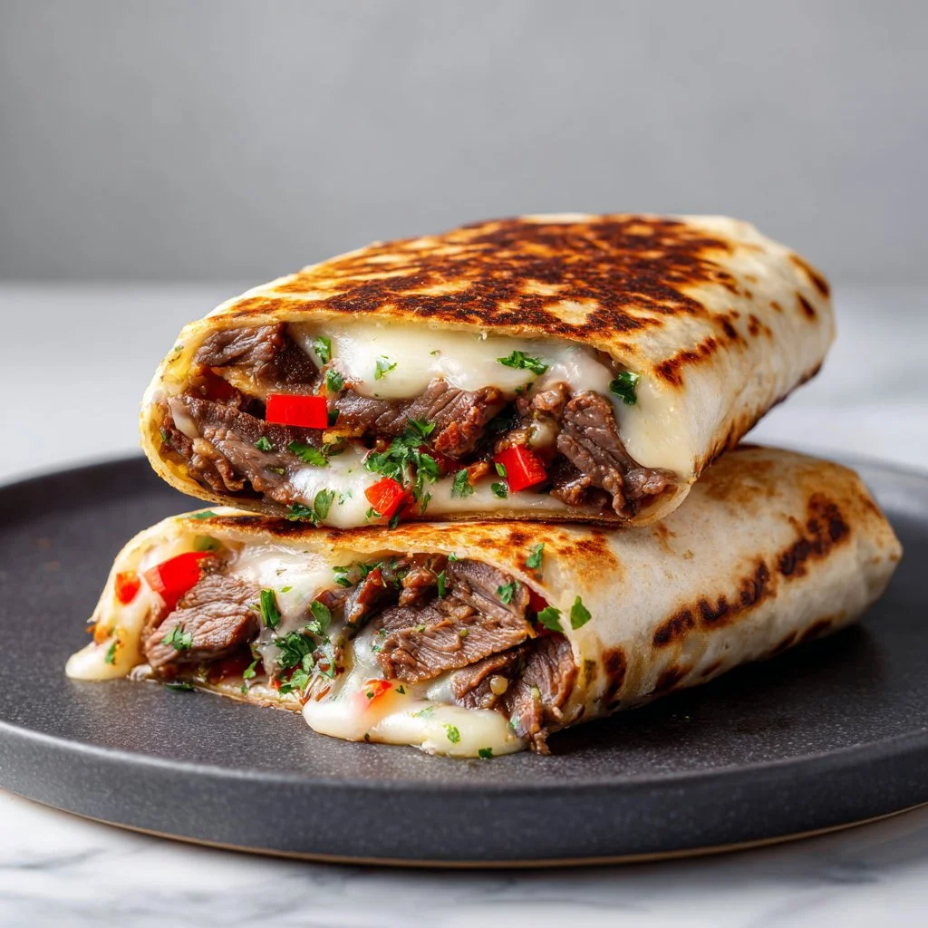 Classic Philly cheesesteak wrap with steak, cheese, and vegetables