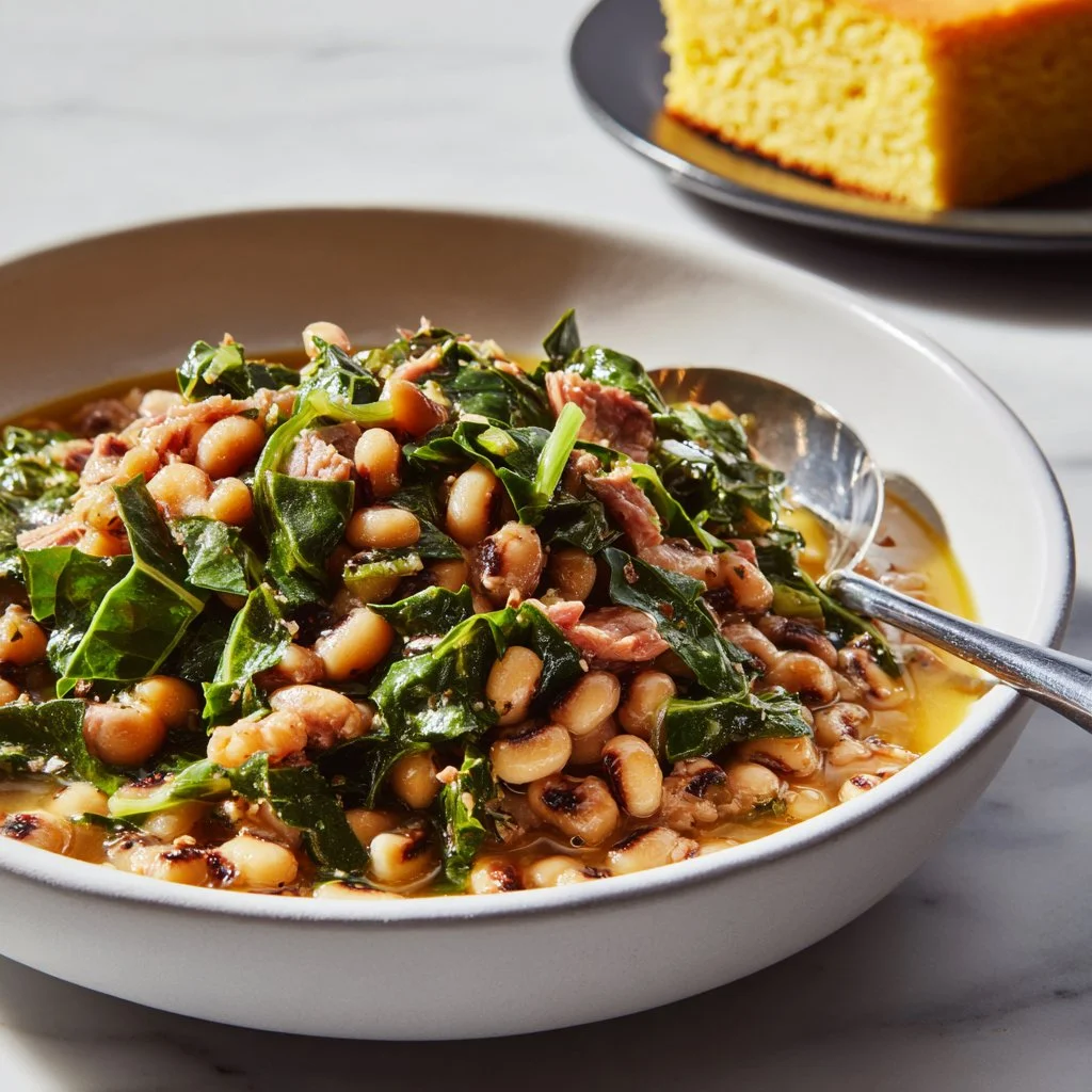 Bowl of Classic Southern-Style Black-Eyed Peas served with cornbread