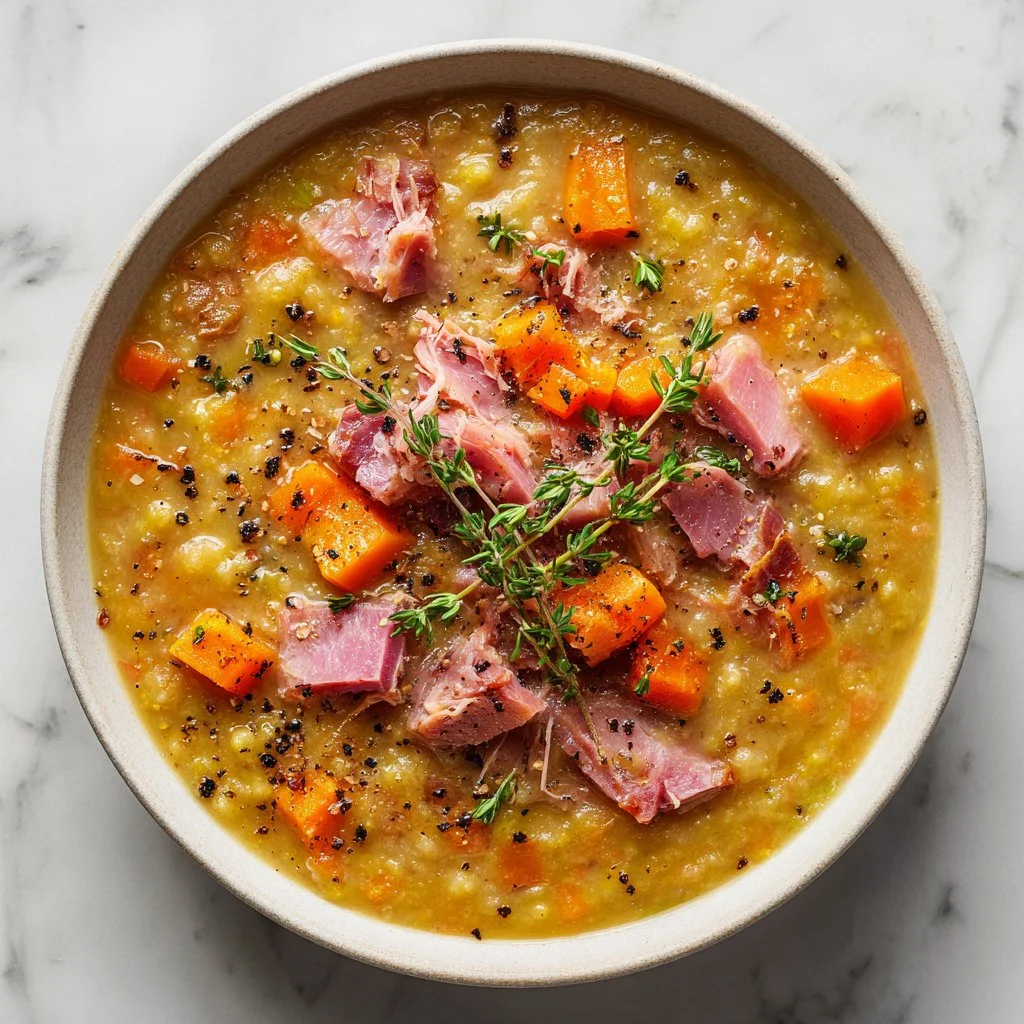 Bowl of classic split pea soup garnished with herbs and served with bread