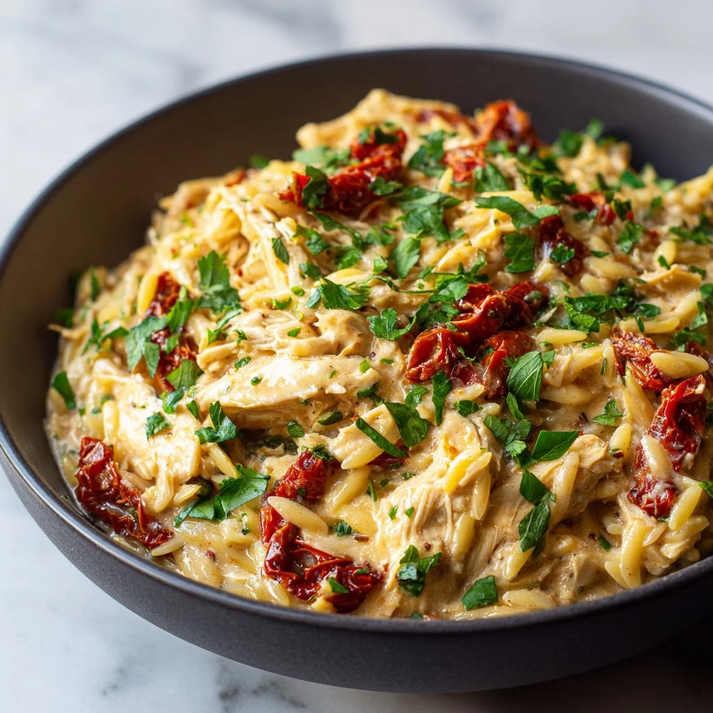 Delicious plate of Classic Tuscan Chicken Orzo with herbs and vegetables.