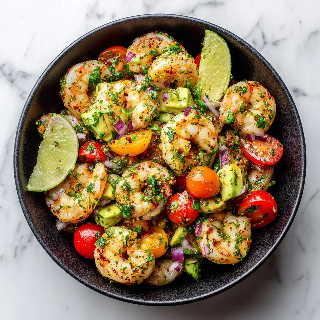 Fresh and healthy shrimp avocado salad served in a bowl