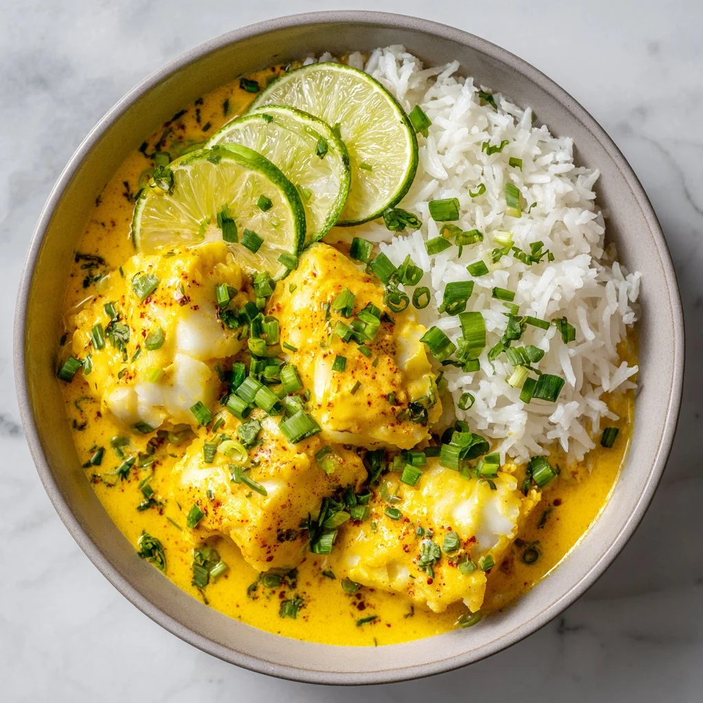 A delicious bowl of Coconut Lime Fish Curry with fresh ingredients and vibrant colors.