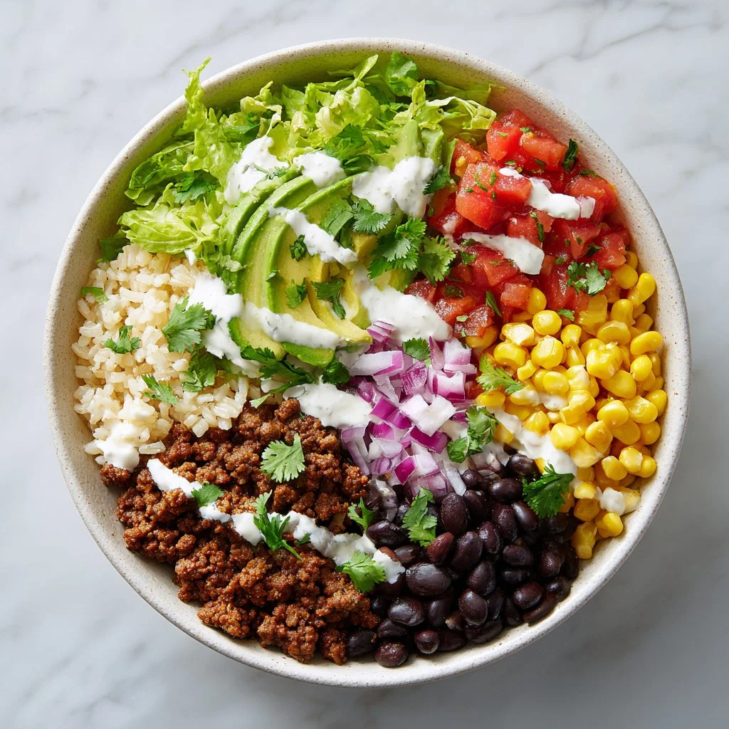 Colorful taco bowls loaded with fresh ingredients for a nutritious lunch
