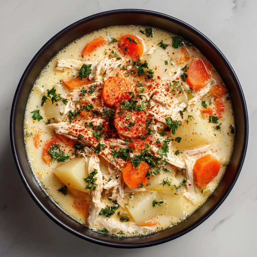 Bowl of comforting chicken potato soup garnished with herbs.