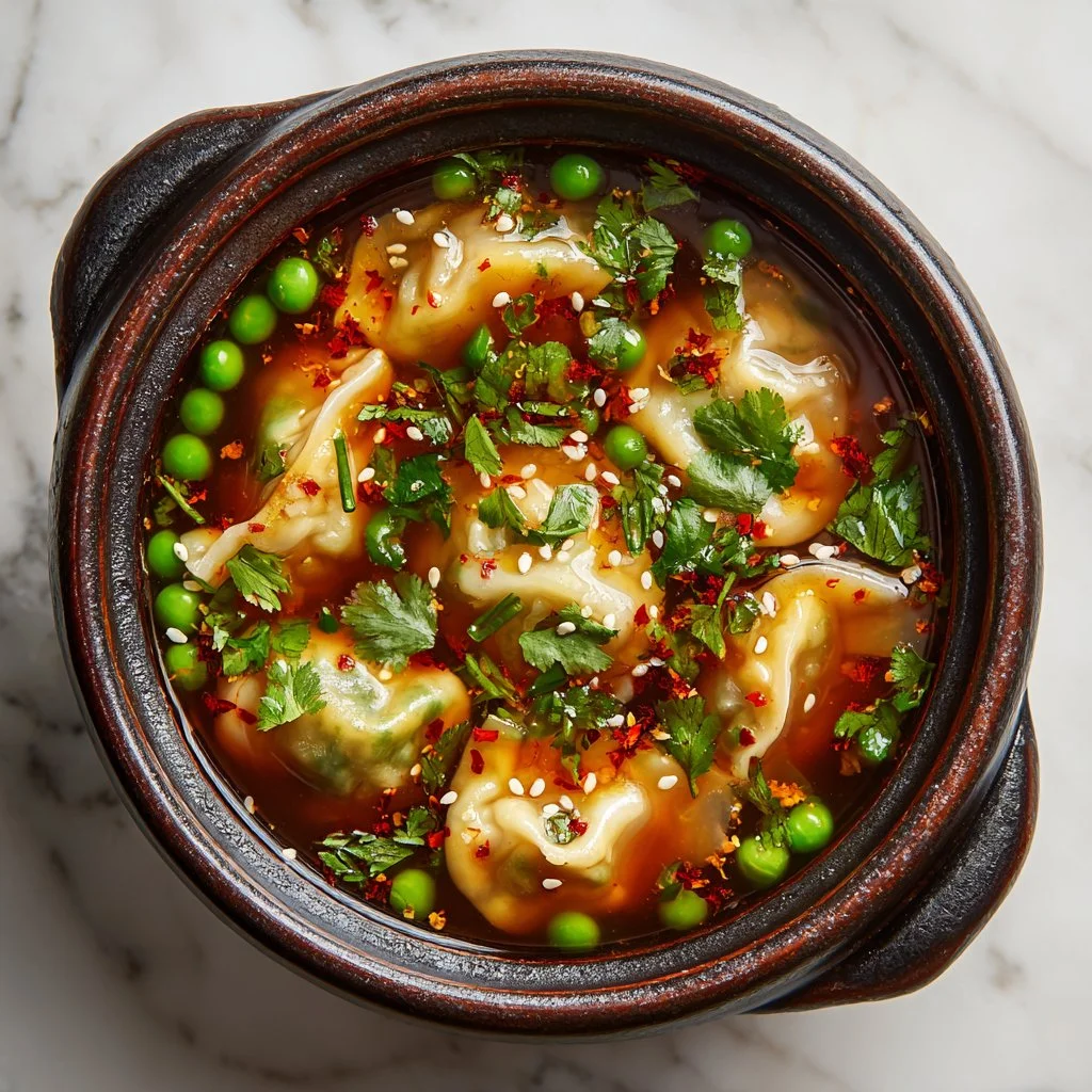 Bowl of comforting potsticker soup garnished with green onions and herbs