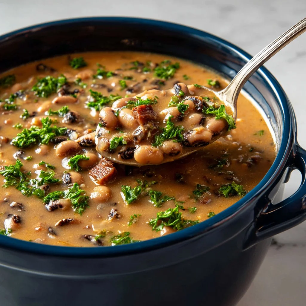 Bowl of cozy black-eyed pea soup with fresh herbs and spices