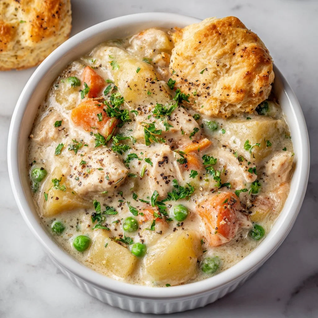 Cozy Slow Cooker Chicken Pot Pie served in a bowl with herbs and vegetables
