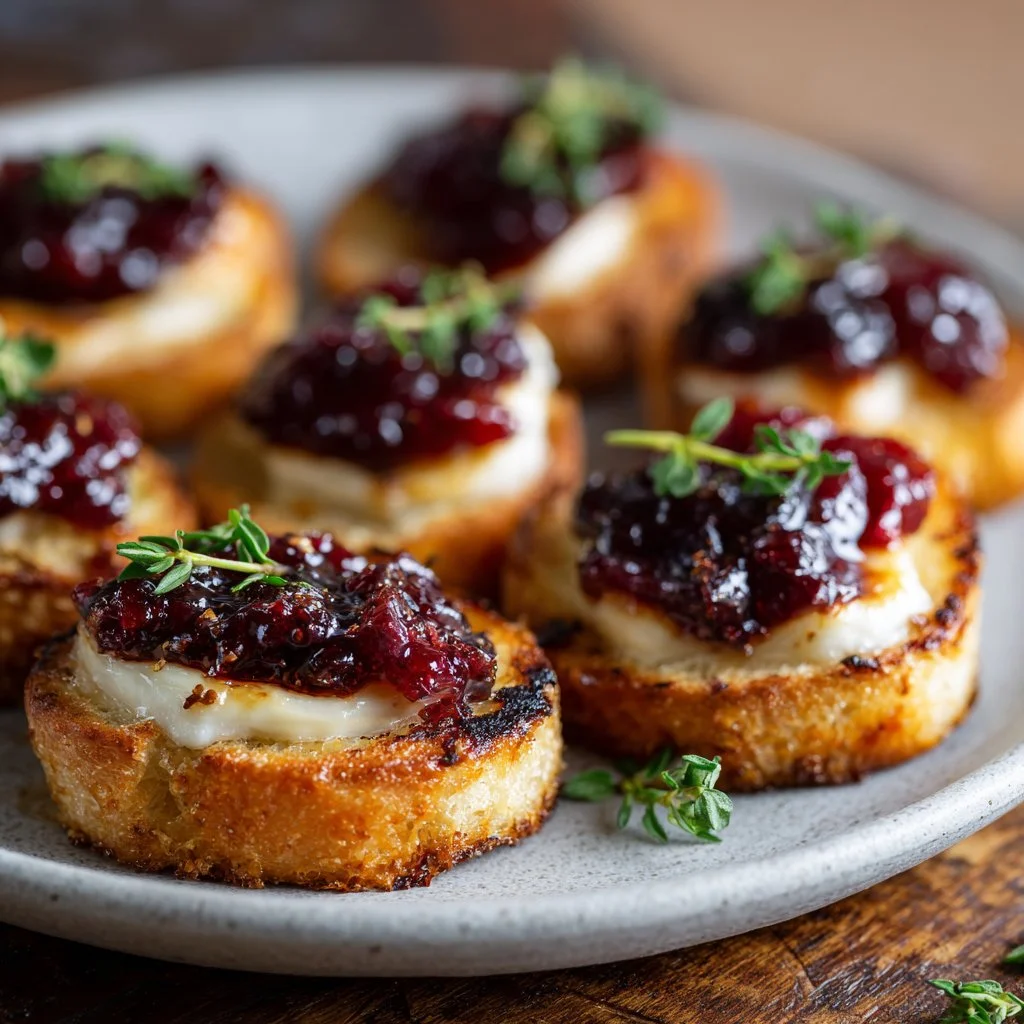 Delicious cranberry brie crostini served on a wooden platter