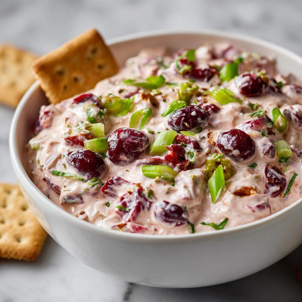 Cranberry jalapeño dip with cream cheese served in a festive bowl.