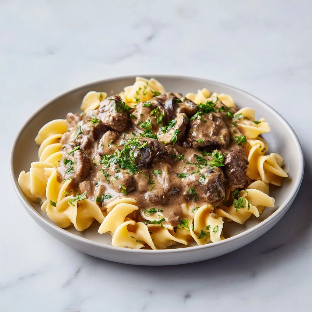 Creamy beef stroganoff served with pasta and garnished with parsley