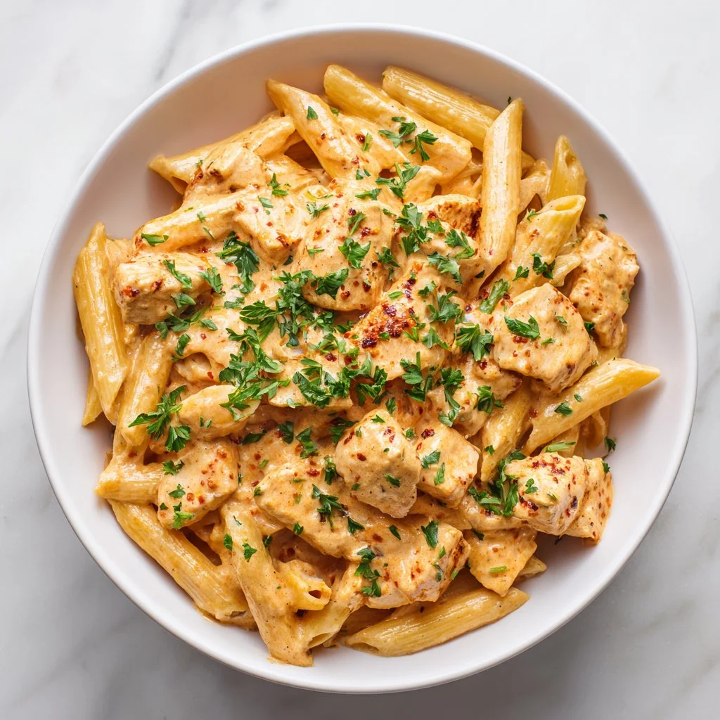 Creamy Cajun chicken pasta cooked in a crockpot with fresh vegetables.