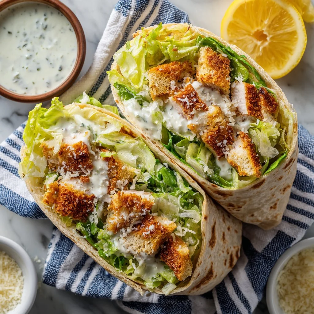 Creamy Chicken Caesar Wrap with lettuce and Parmesan cheese