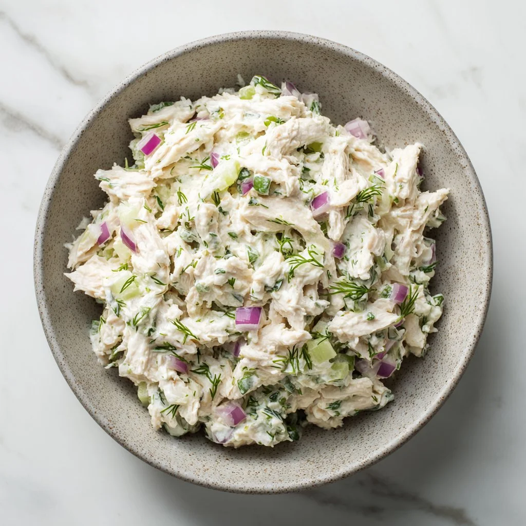 Creamy cottage cheese chicken salad in a bowl garnished with herbs