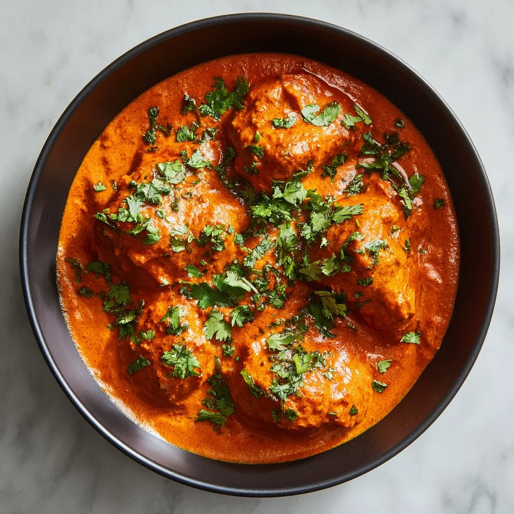 Creamy Crockpot Butter Chicken dish served with rice and garnished with cilantro
