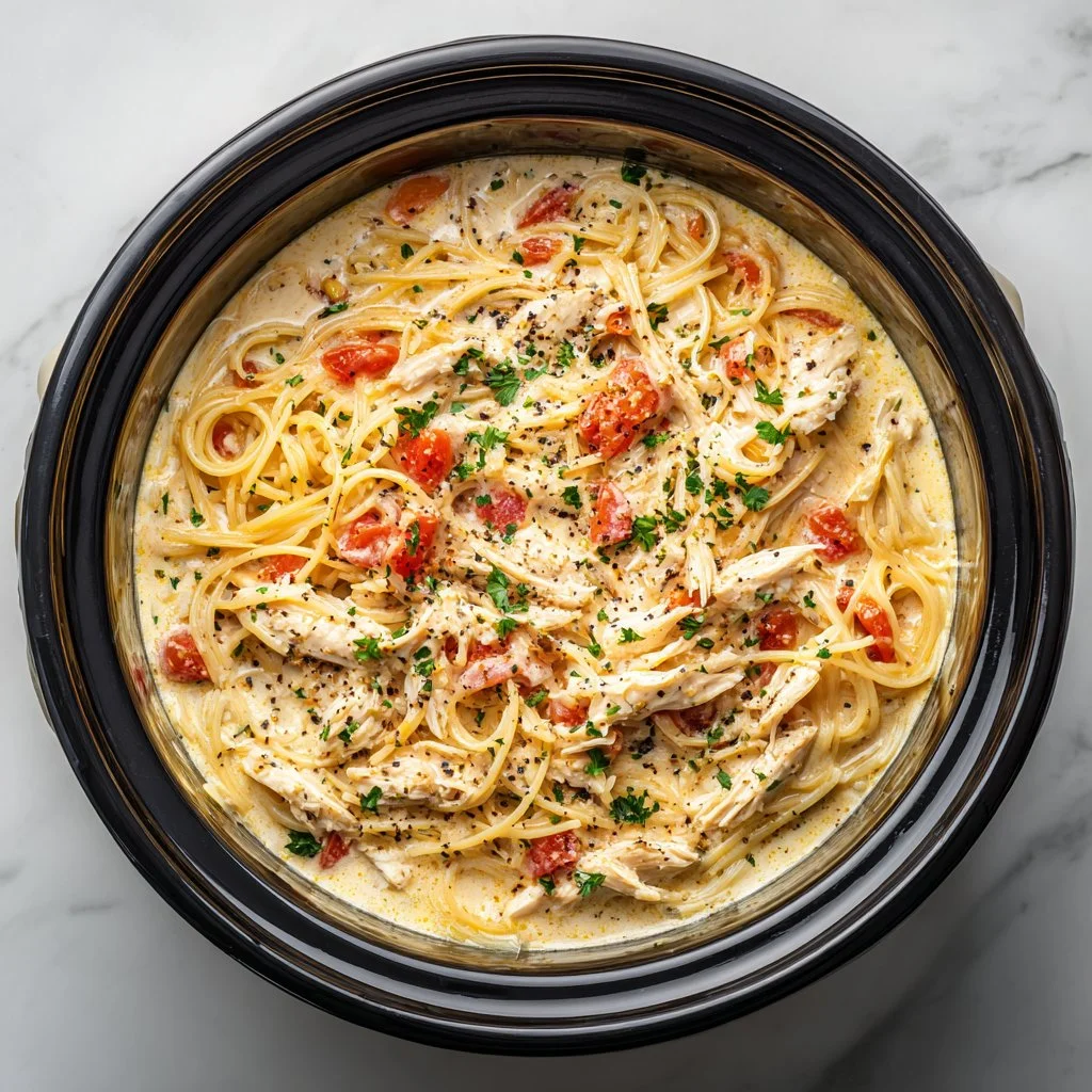 Creamy Crockpot Chicken Spaghetti dish served in a bowl