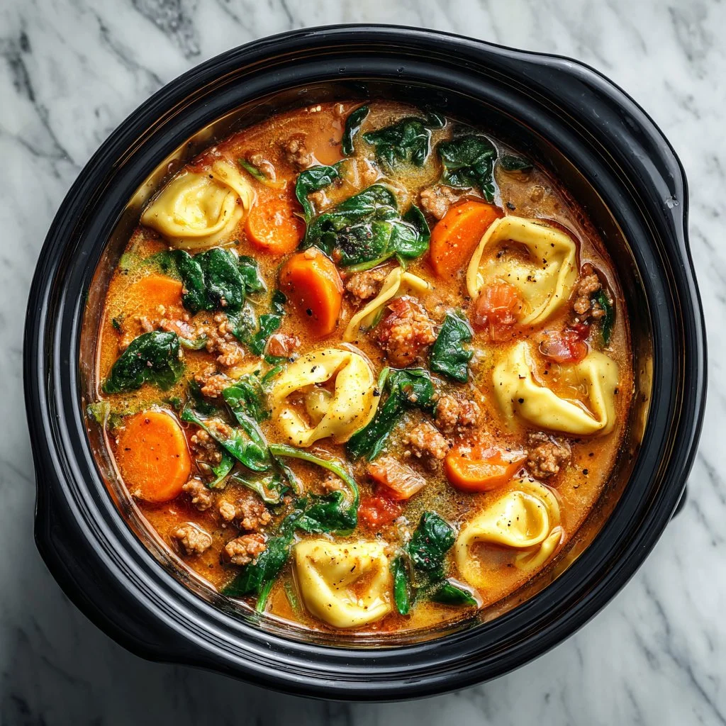 Bowl of creamy Crockpot Tortellini Soup garnished with herbs.