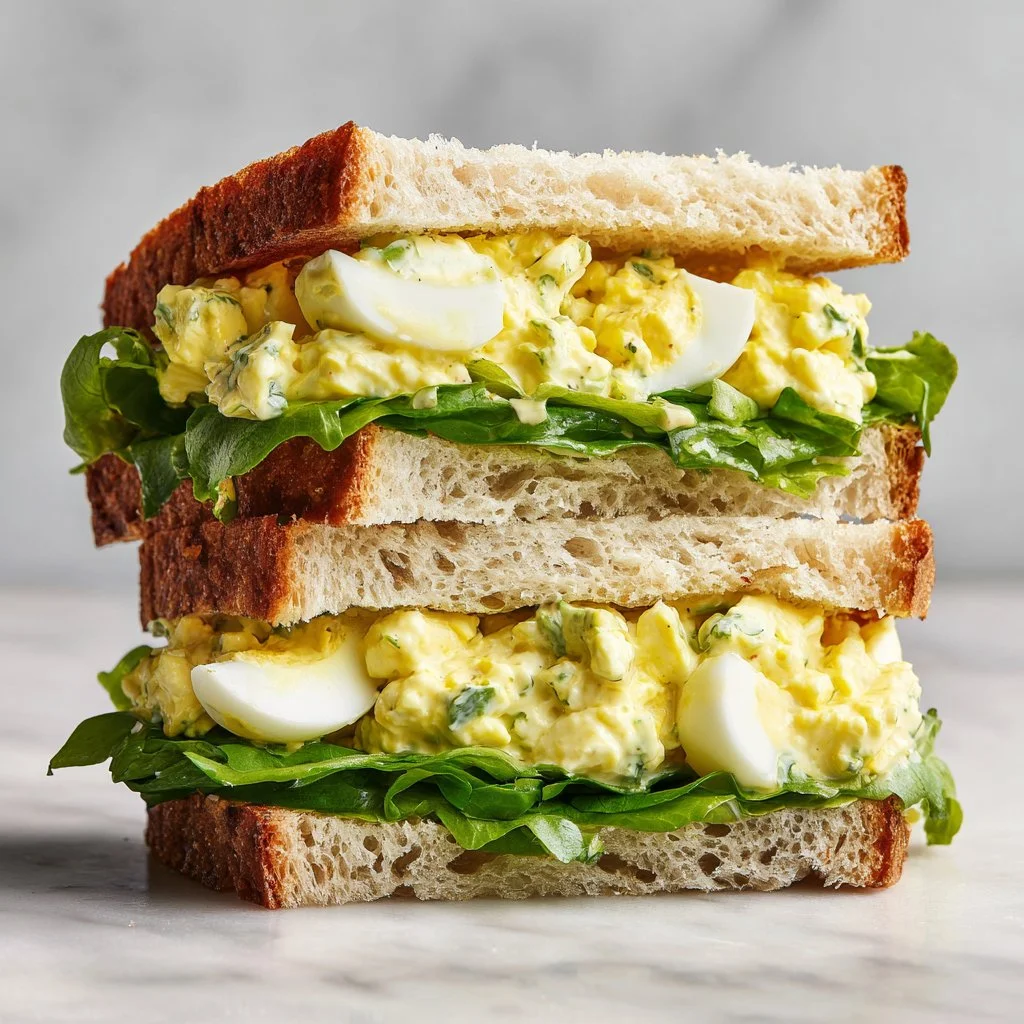 Creamy egg salad sandwich made with fresh ingredients on a rustic plate.