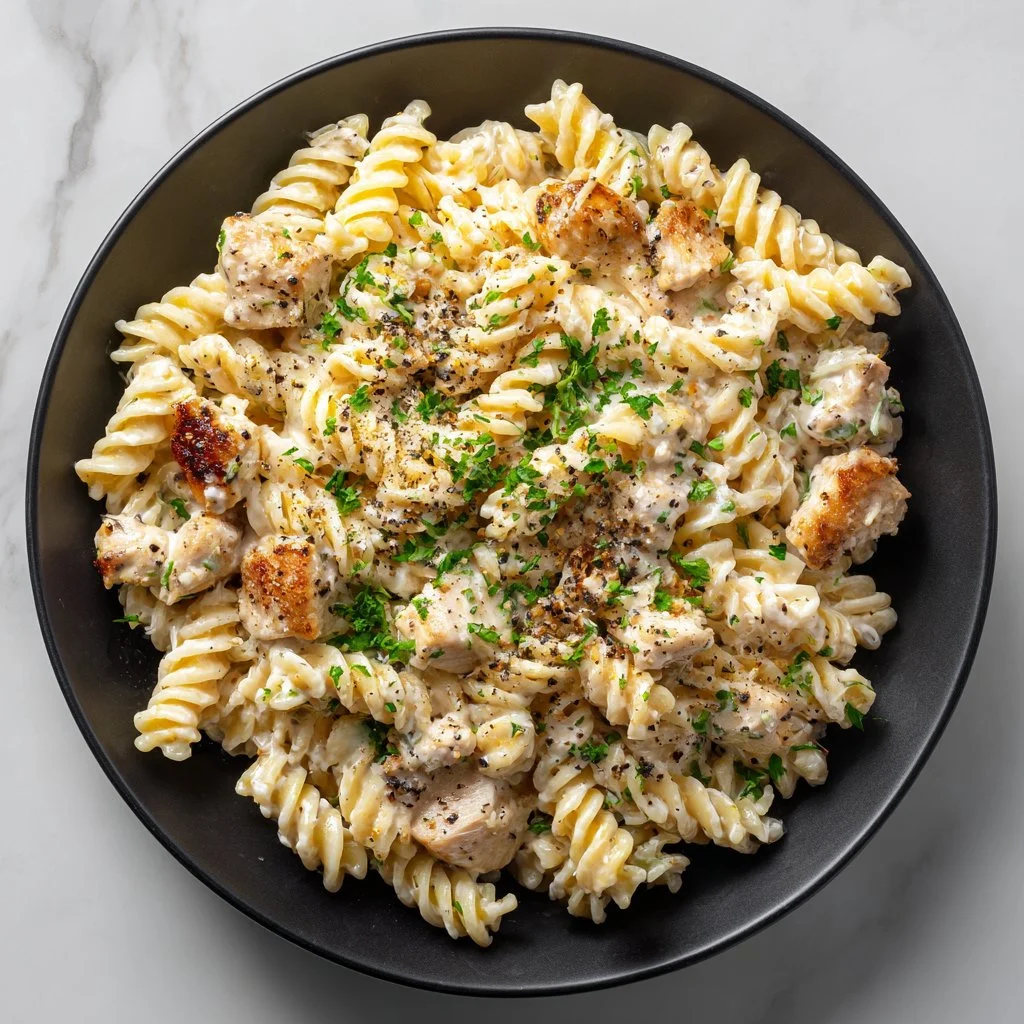 Creamy Garlic Parmesan Chicken Pasta cooked in a crockpot