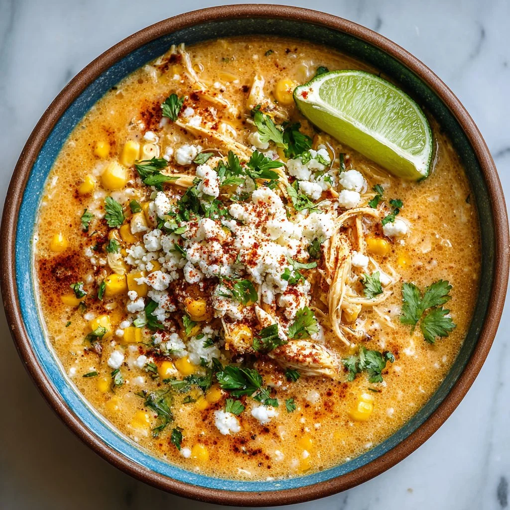 Bowl of creamy Mexican street corn soup garnished with herbs and cheese