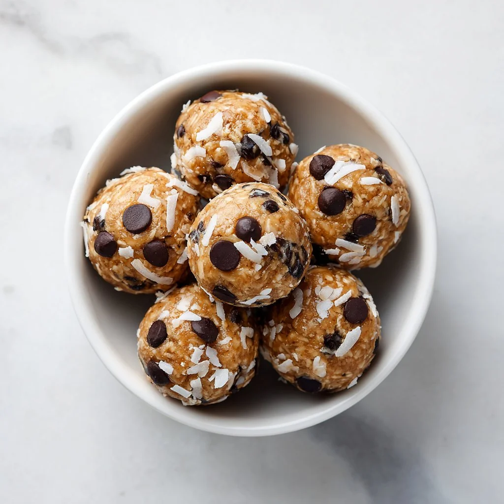 Delicious creamy no-bake peanut butter protein balls in a bowl.