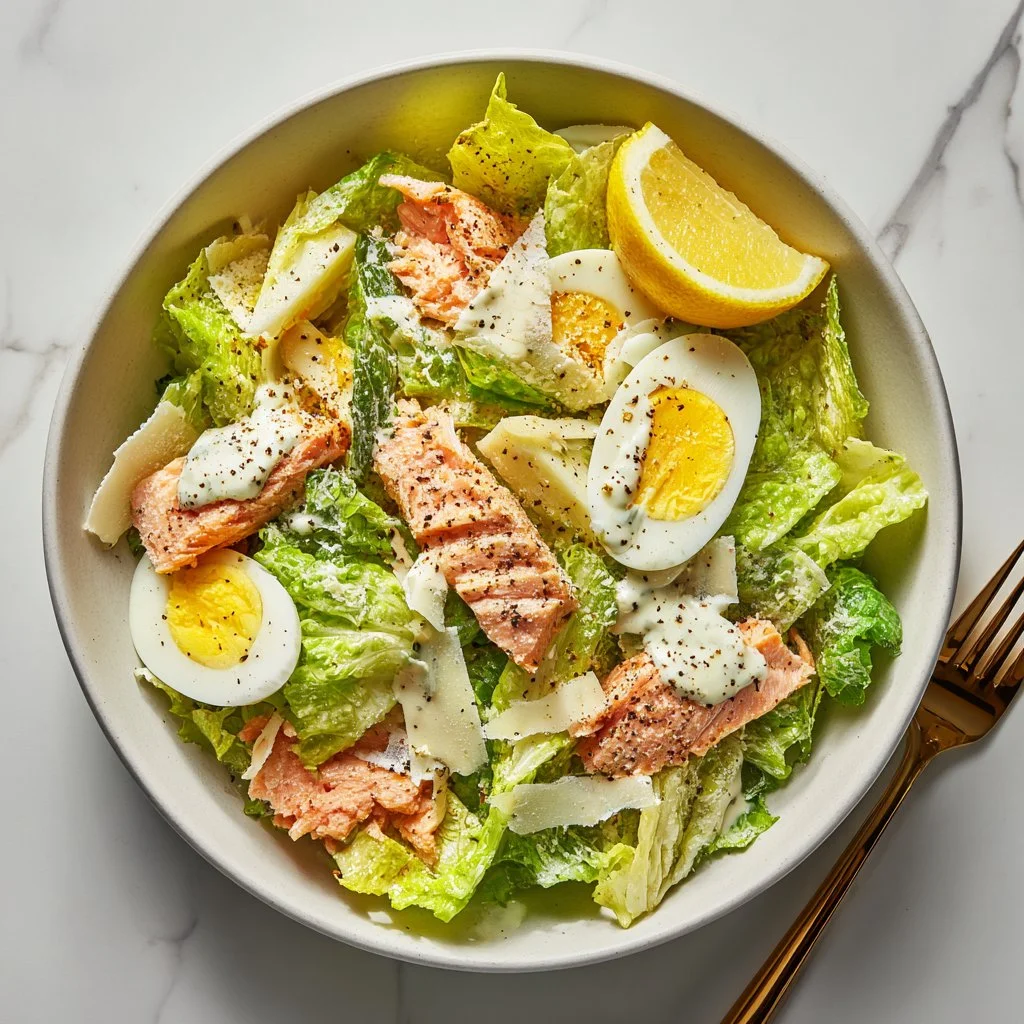Creamy salmon caesar salad with fresh ingredients and rich dressing