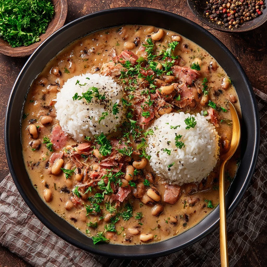 Creamy Southern black-eyed peas served in a rustic bowl.