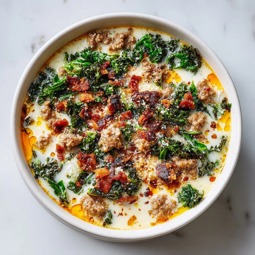 Bowl of creamy Tuscan soup garnished with herbs and served hot