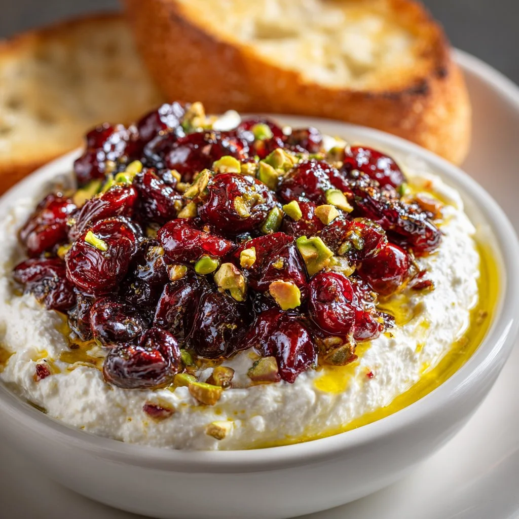 Creamy whipped feta dip with honey, pistachios, and cranberries served in a bowl