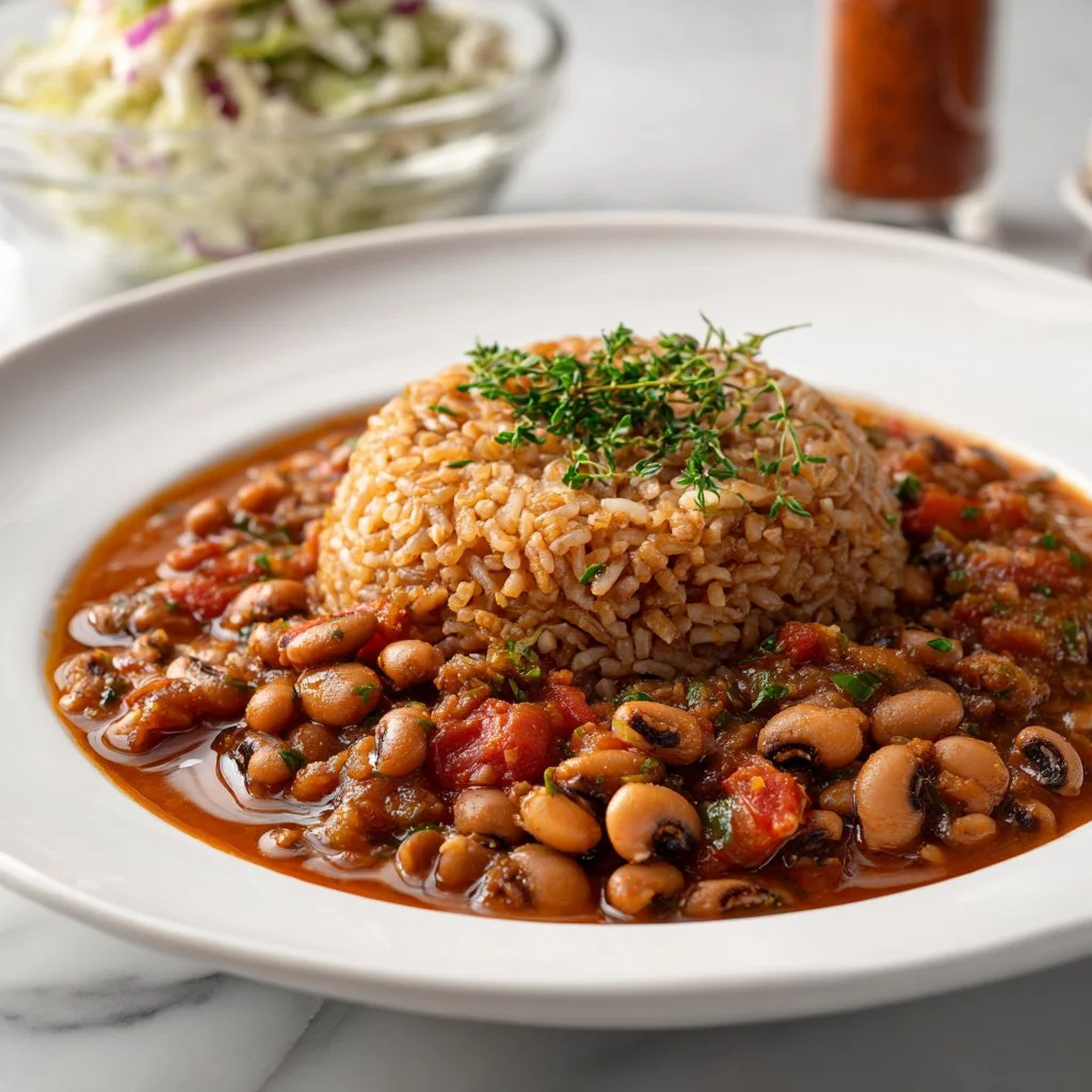 Delicious Creole Black-eyed Peas served in a bowl with herbs
