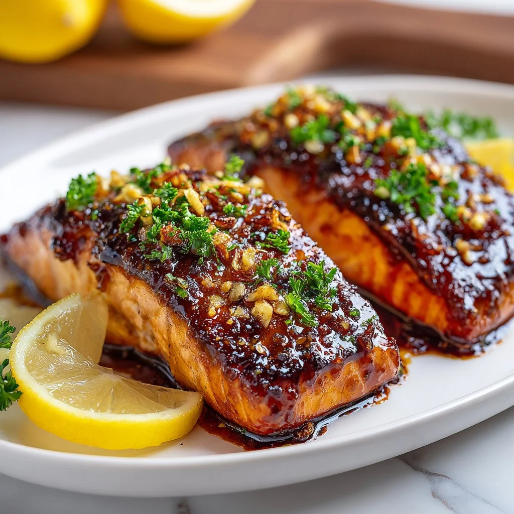 Crispy air fryer honey garlic salmon served on a plate with garnish