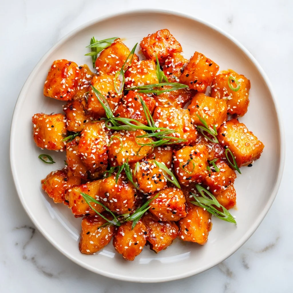 Crispy Bang Bang Salmon Bites served with a spicy dipping sauce.
