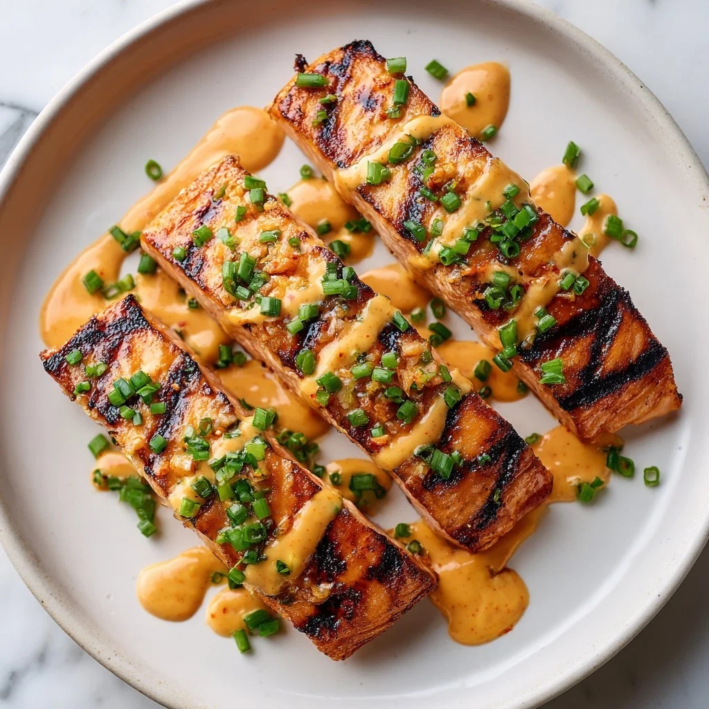 Crispy Bang Bang Salmon with bold seasoning garnished on a plate