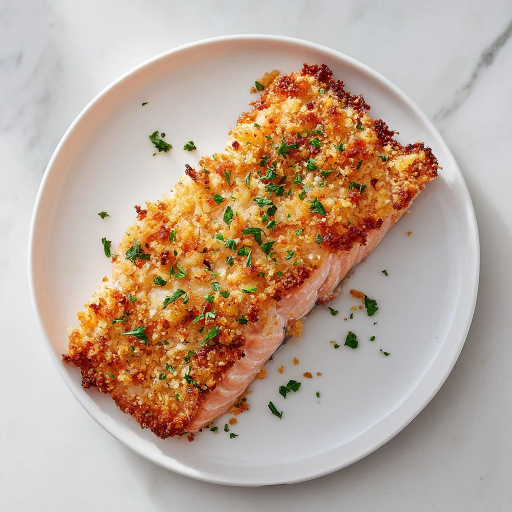 Crispy Parmesan Crusted Salmon on a baking tray, garnished and ready to serve.