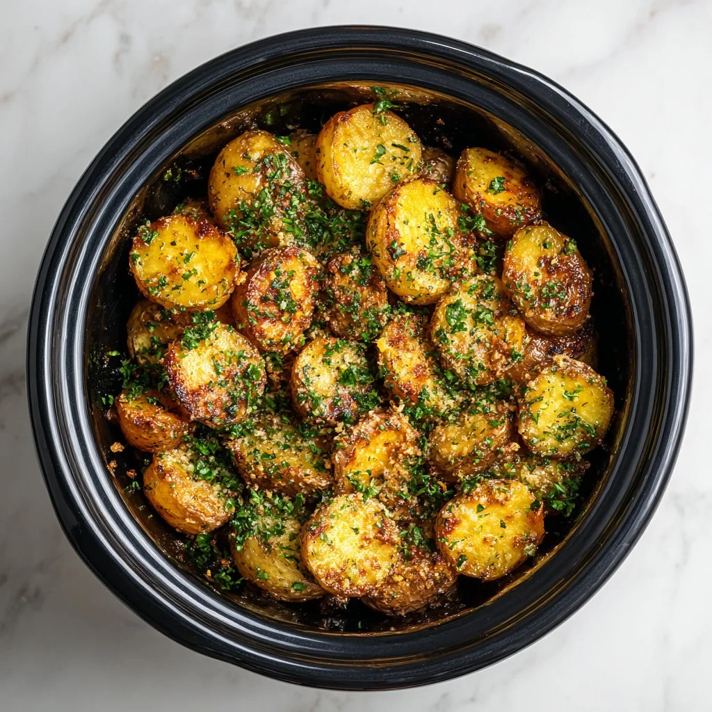 Crispy Parmesan potatoes cooked in a Crockpot, garnished with herbs.