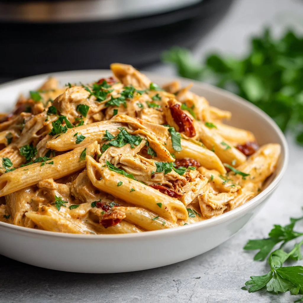Crock Pot Creamy Cajun Chicken Pasta served in a bowl with fresh herbs