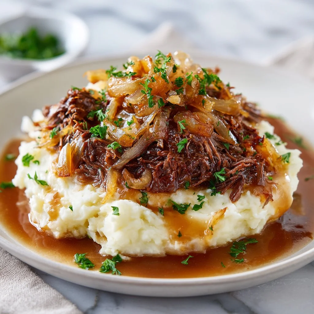 Crock Pot French Onion Pot Roast served with vegetables and herbs.