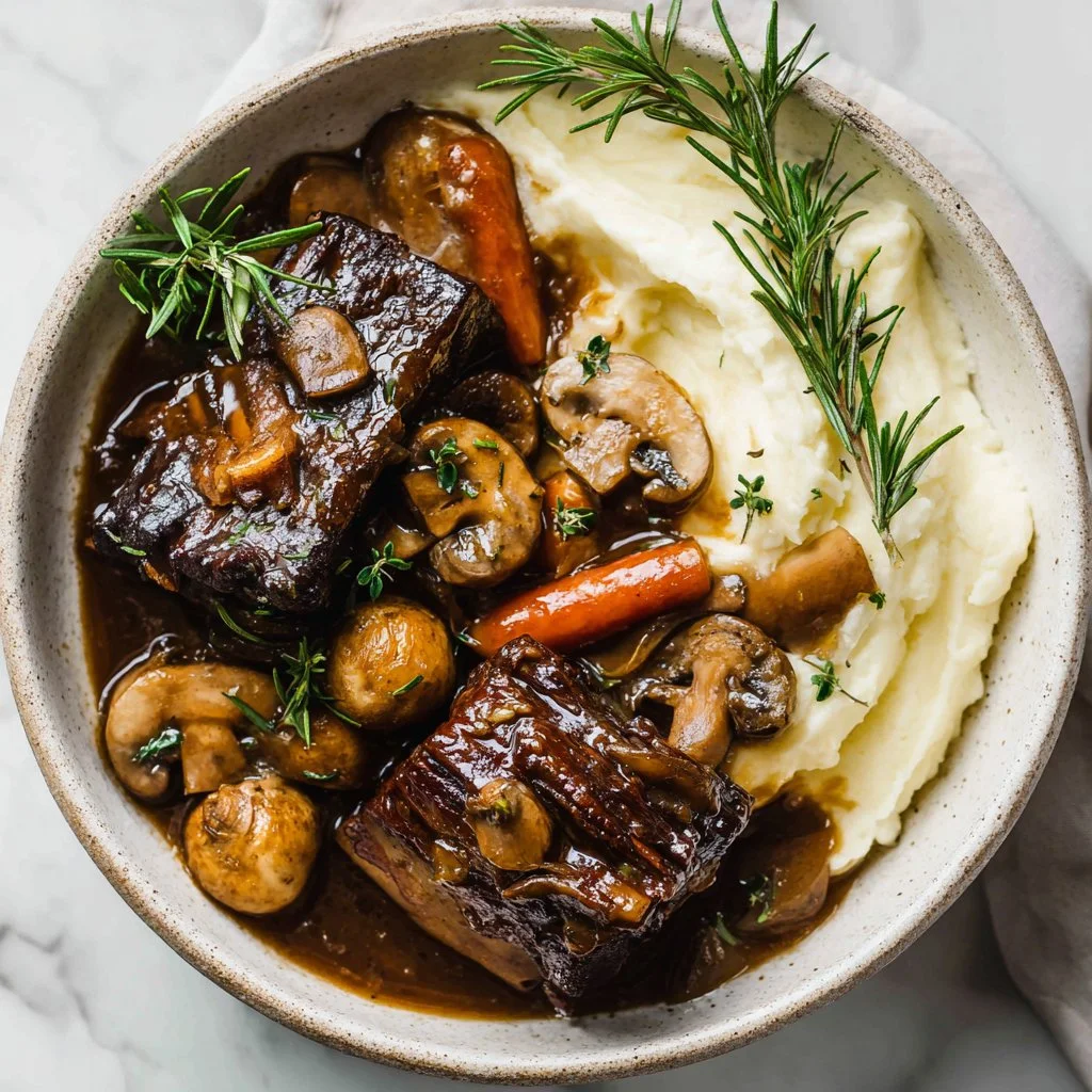 Delicious crockpot beef short ribs served with vegetables on a plate.