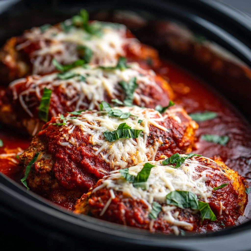 Delicious Crockpot Chicken Parmesan served with pasta and cheese