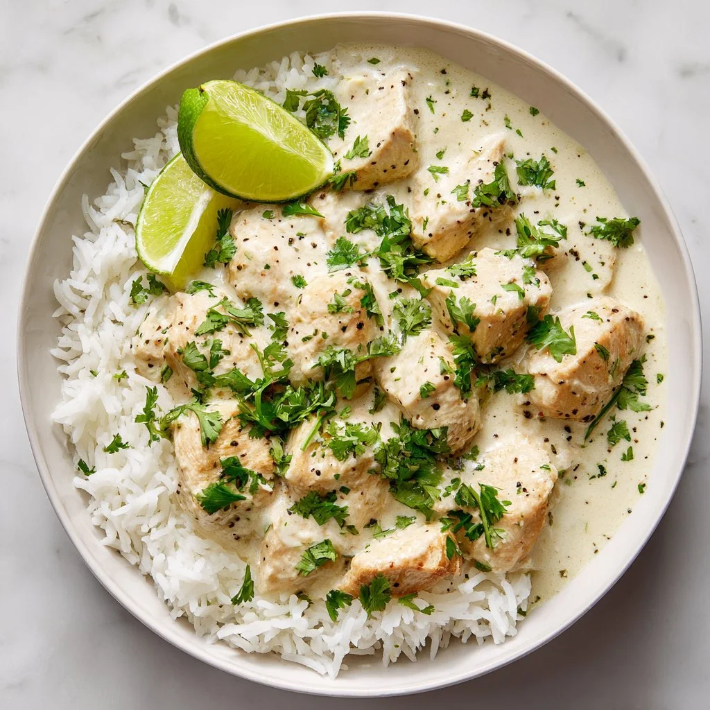 Crockpot Coconut Lime Chicken served with fresh lime and coconut garnish
