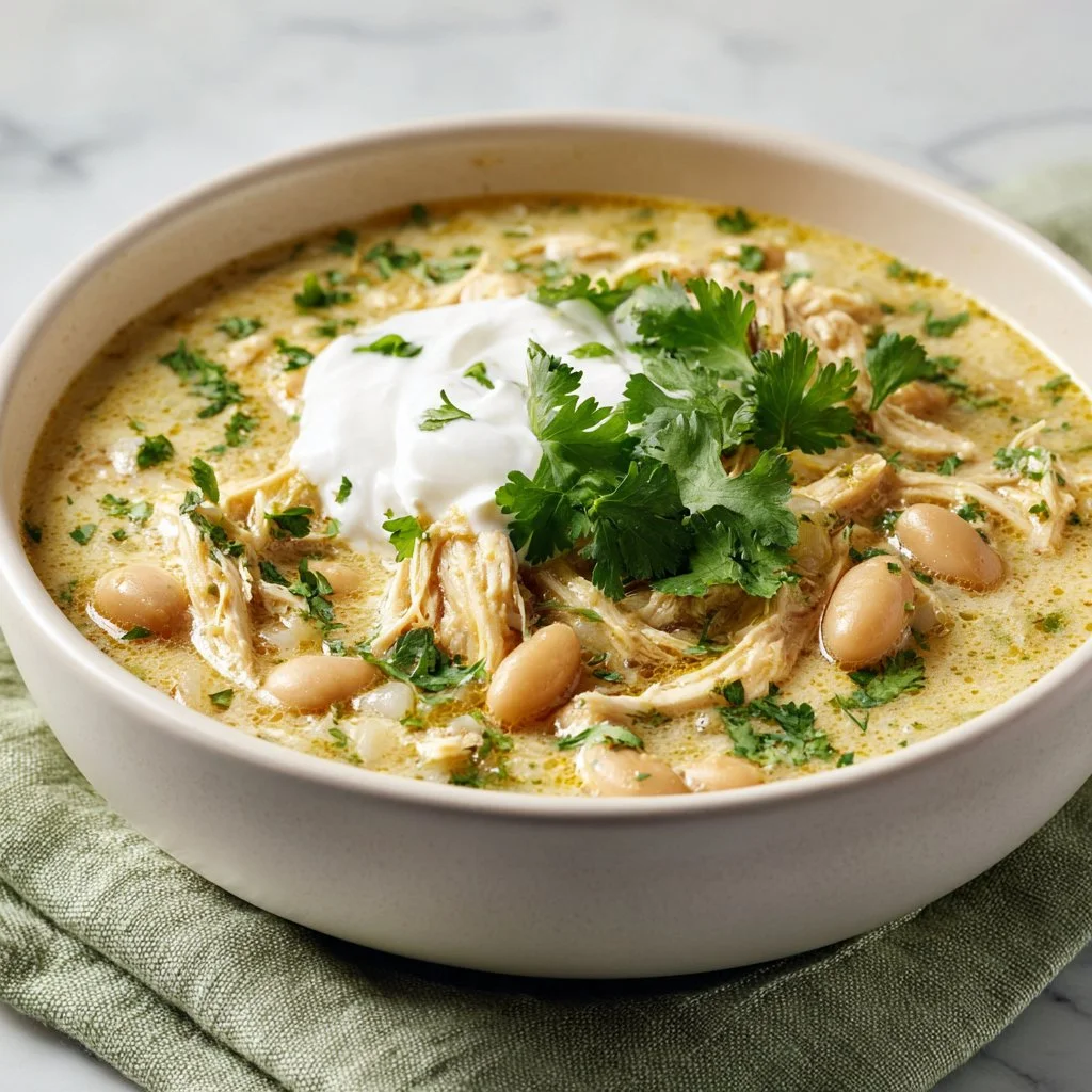 Crockpot Creamy White Chicken Chili served in a bowl with toppings
