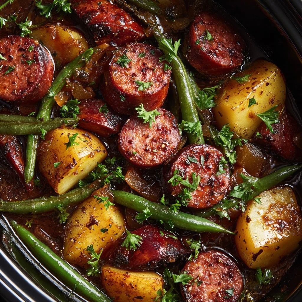 Crockpot kielbasa with green beans in a slow cooker dish