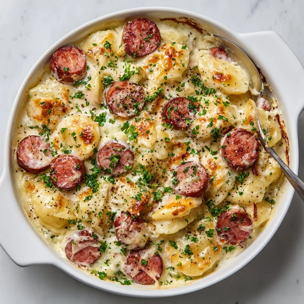Delicious Crockpot Pierogi Casserole with Kielbasa ready to serve.