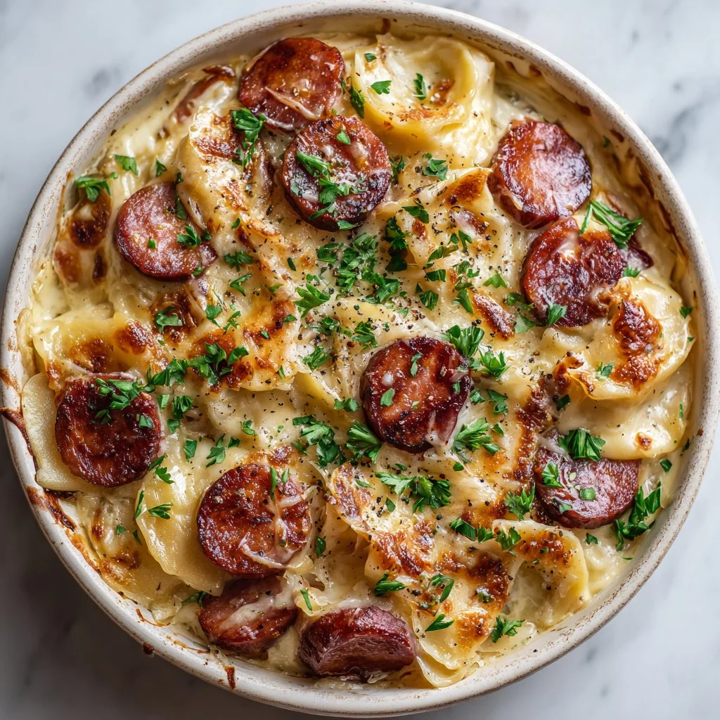 Delicious Crockpot Pierogi Casserole with Kielbasa served in a dish